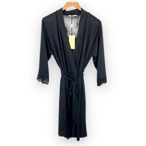 Jane Lamerton black satin lace trim belted midi robe size small NEW